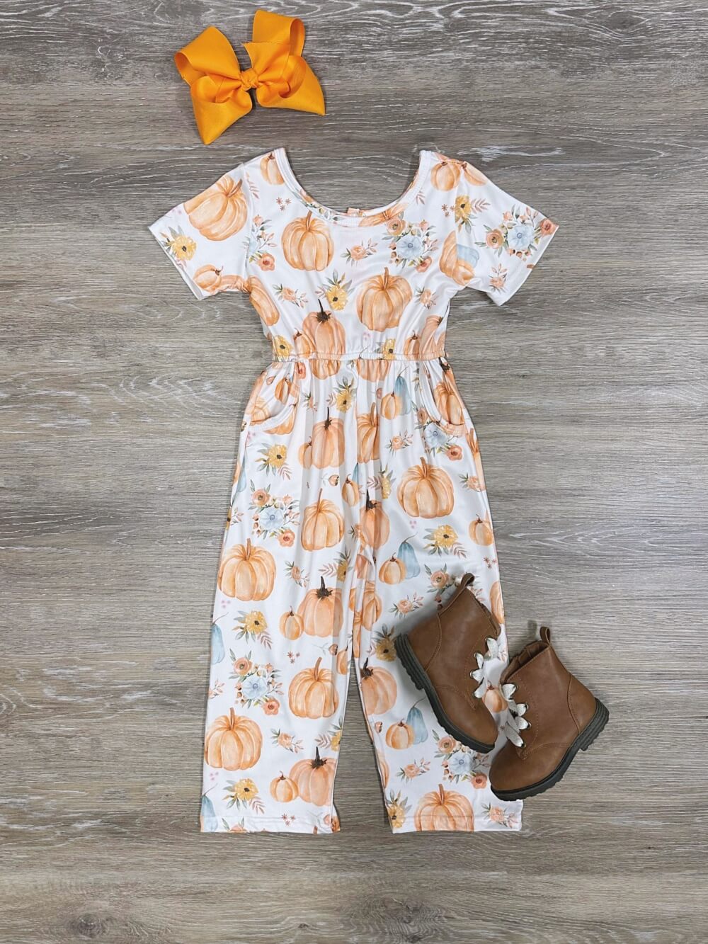 Rustic Pumpkin Floral Short Sleeve Girls Jumpsuit - Sydney So Sweet