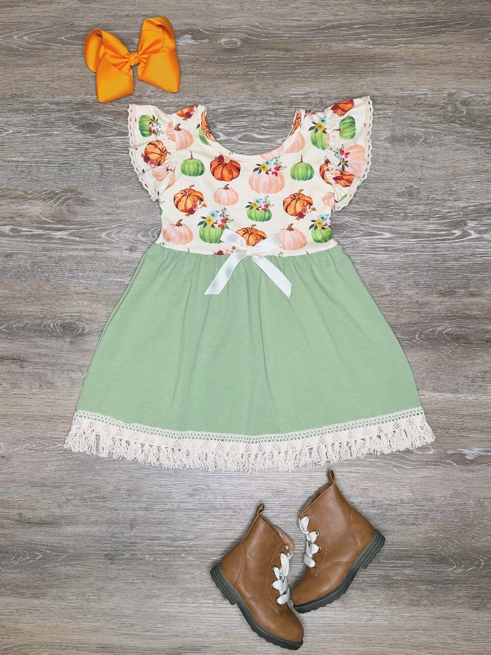 Sage Pumpkin Harvest Girls Lace Trim Dress