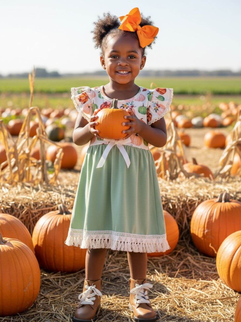 Sage Pumpkin Harvest Girls Lace Trim Dress