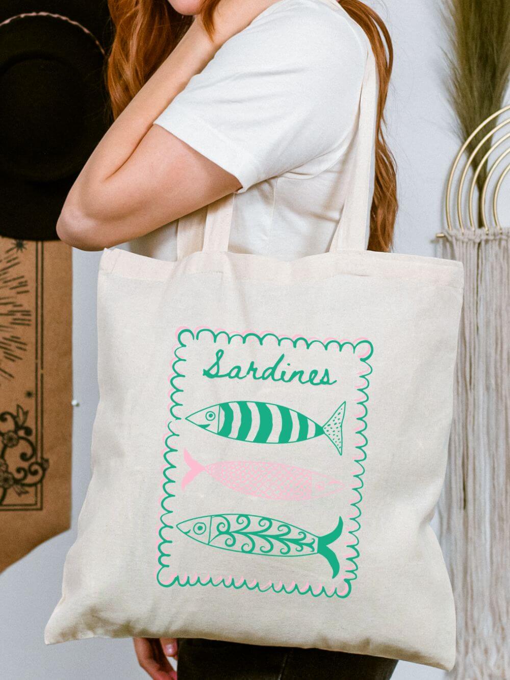 Sardines Cotton Canvas Tote Bag Nautical Beach Market Shopping Bag
