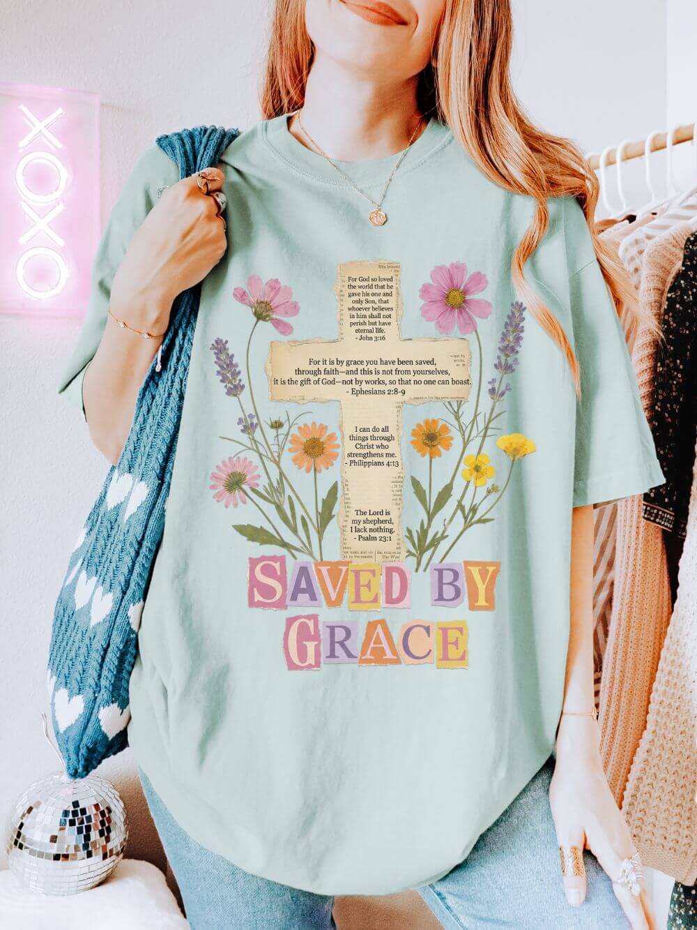 Saved by Grace Floral Cross T-Shirt Christian Faith Inspirational Graphic Tee