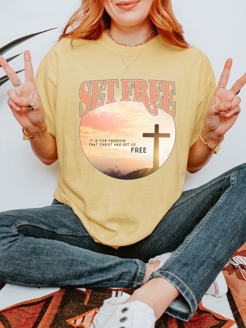 Set Free by Christ Christian T-Shirt Sunset Cross Faith Tee