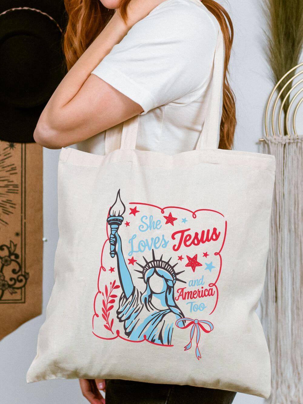She Loves Jesus and America Too Statue of Liberty Patriotic Canvas Tote Bag