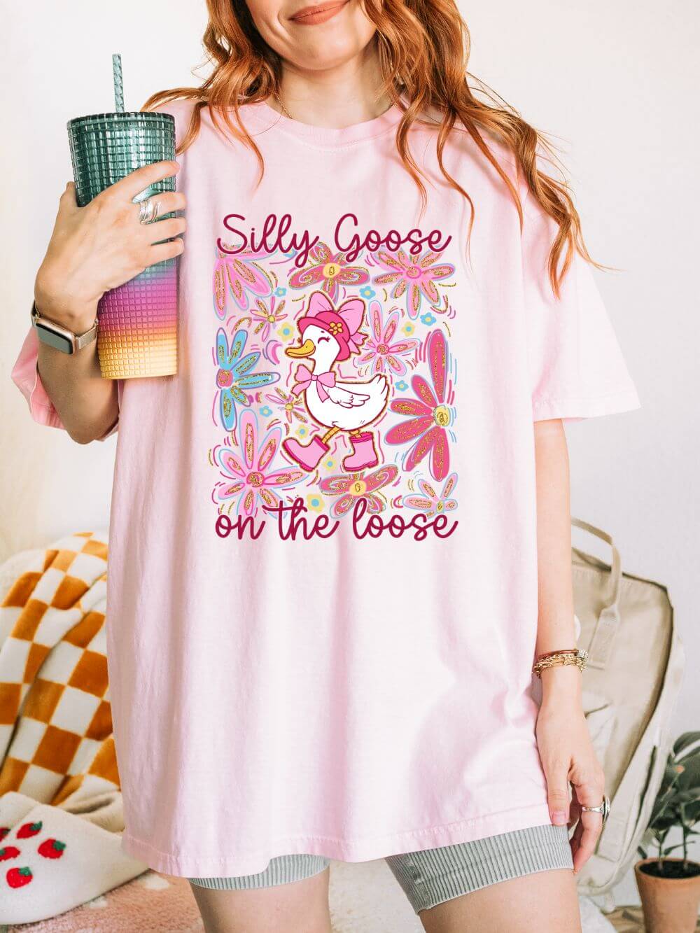 Silly Goose on the Loose Graphic T-Shirt Cute Floral Tee