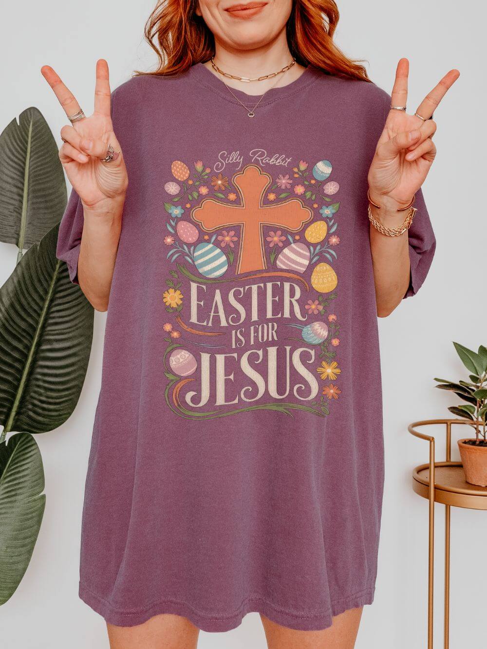 Silly Rabbit Easter Is For Jesus Christian T-Shirt Cross & Easter Eggs Faith Distressed Tee