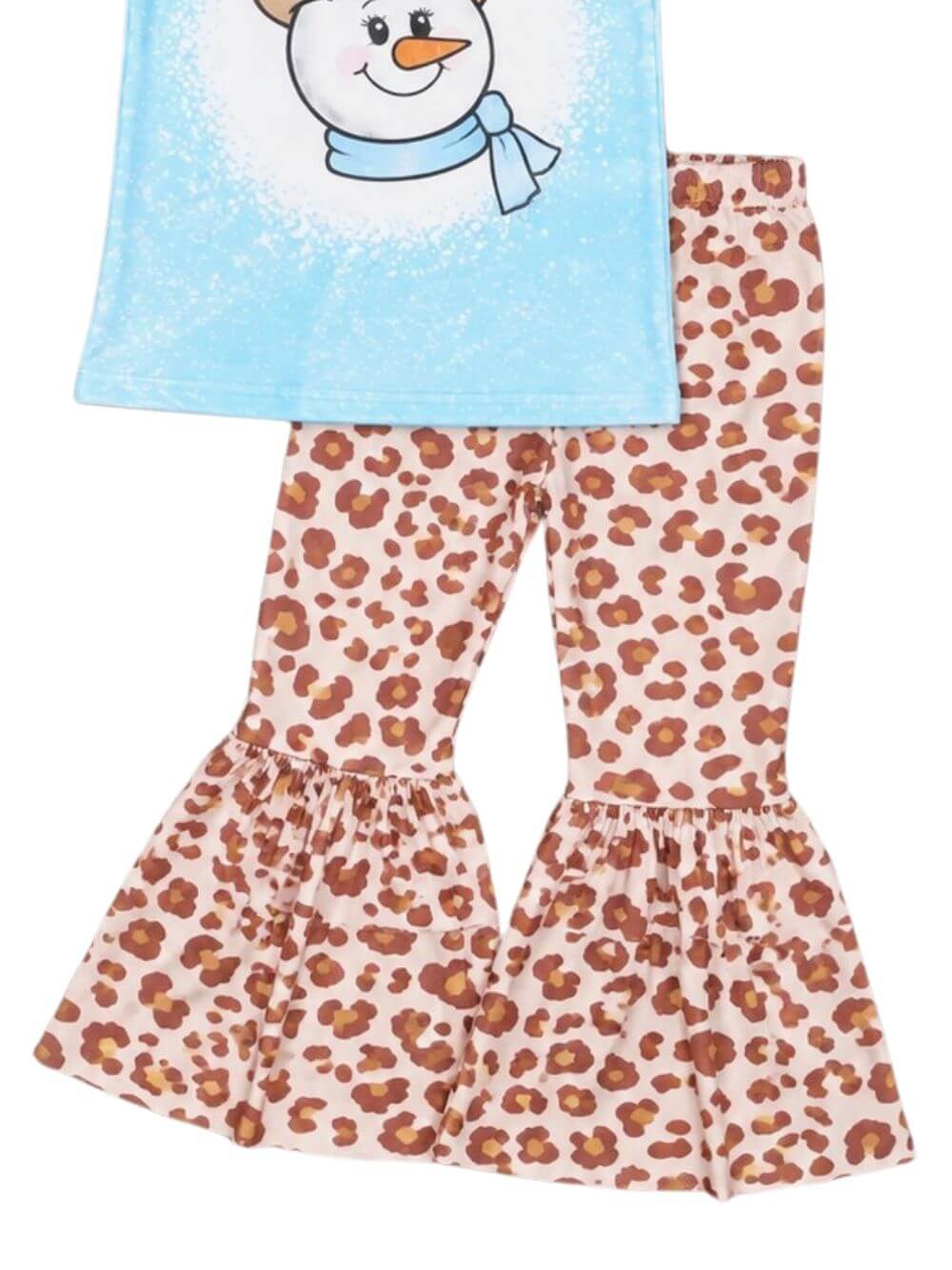 Snowman & Leopard Print Girls Winter Bell Bottoms Outfit