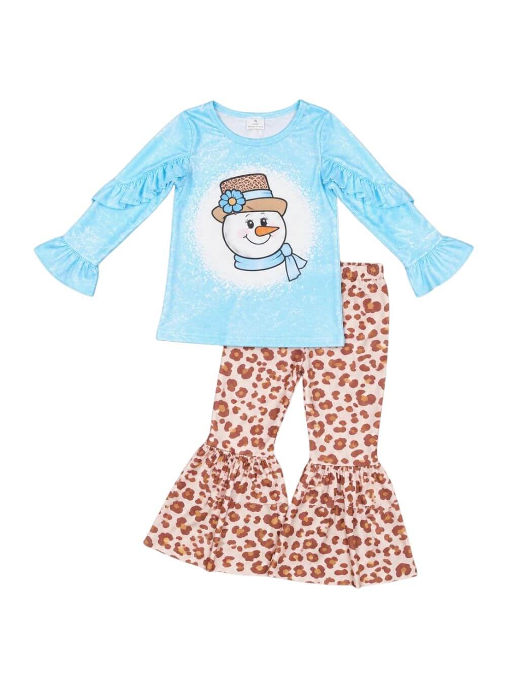 Snowman & Leopard Print Girls Winter Bell Bottoms Outfit