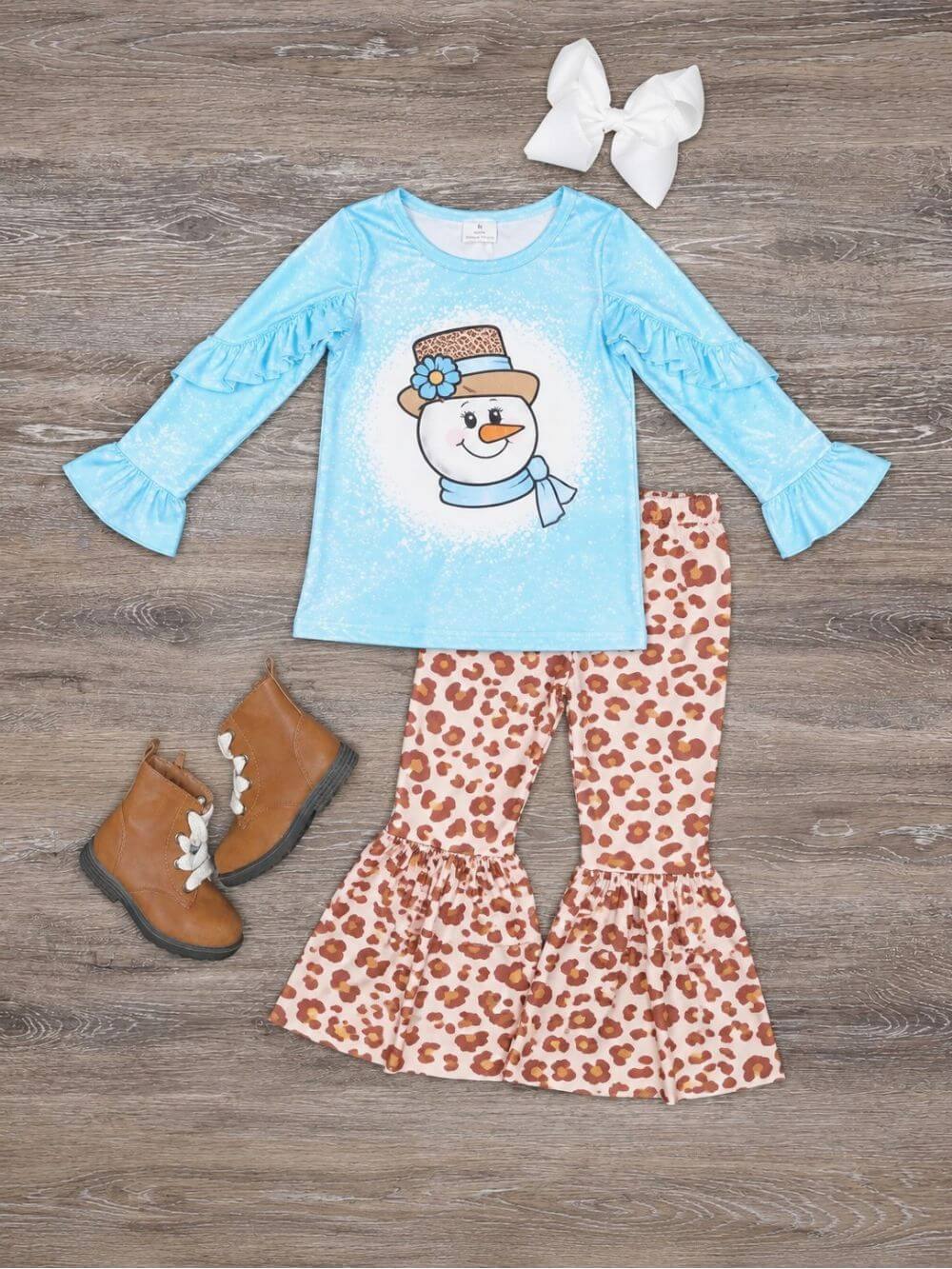 Snowman & Leopard Print Girls Winter Bell Bottoms Outfit