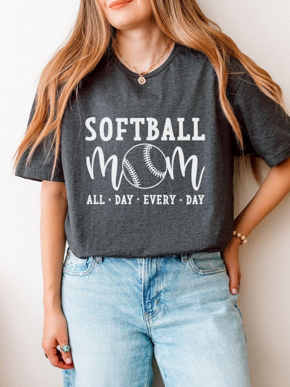 Softball Mom All Day Graphic T-Shirt Cute Sports Mom Tee (12 Team Colors)