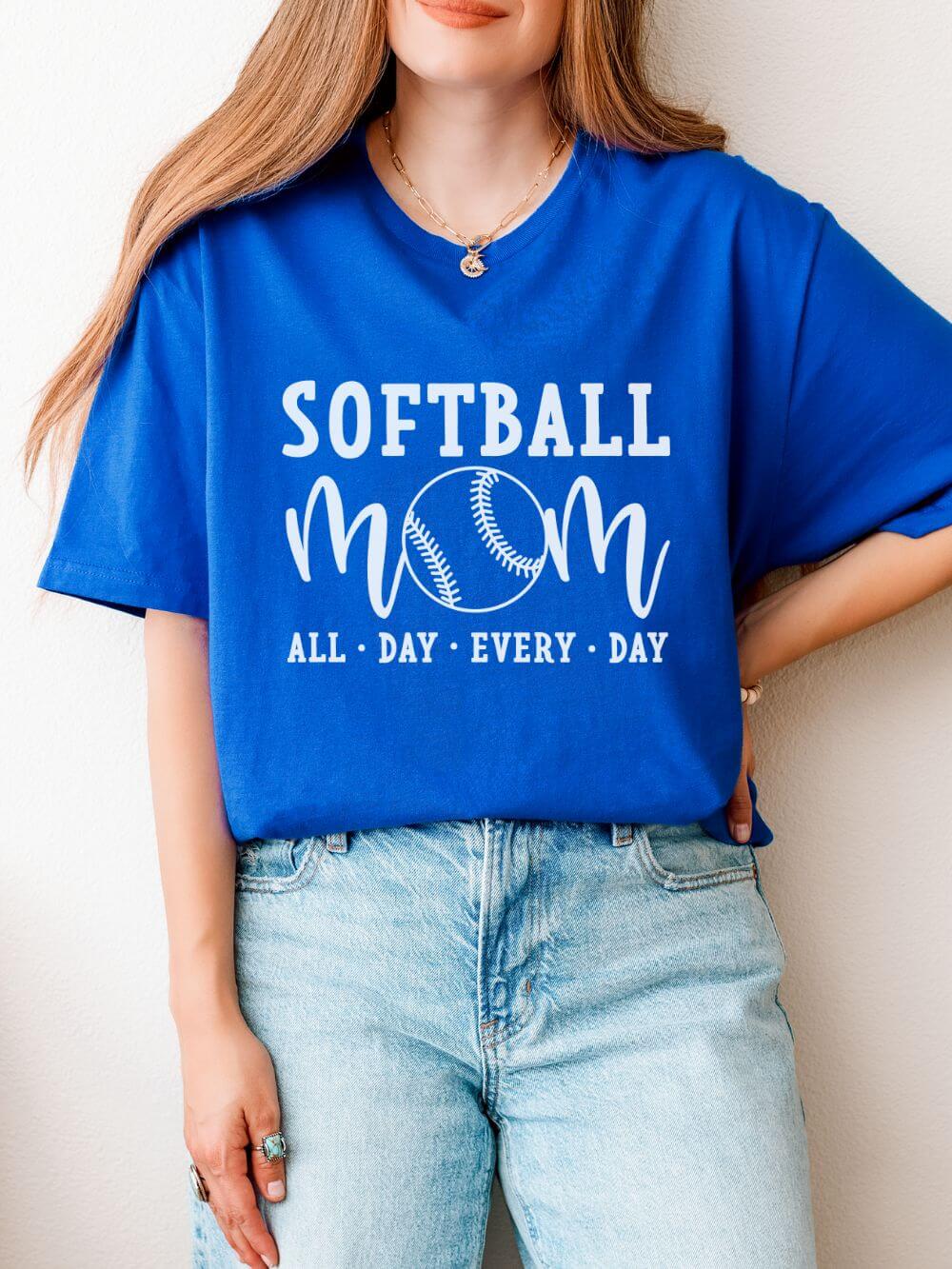 Softball Mom All Day Graphic T-Shirt Cute Sports Mom Tee (12 Team Colors)