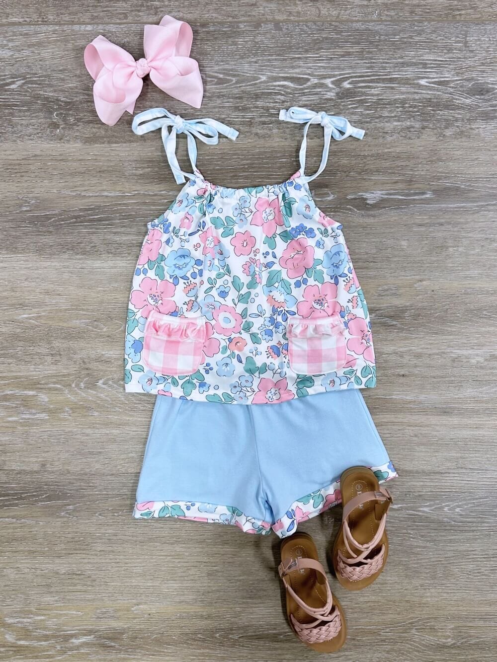 Spring Blue Floral Tie Strap Tank Girls Shorts Outfit - Sydney So Sweet