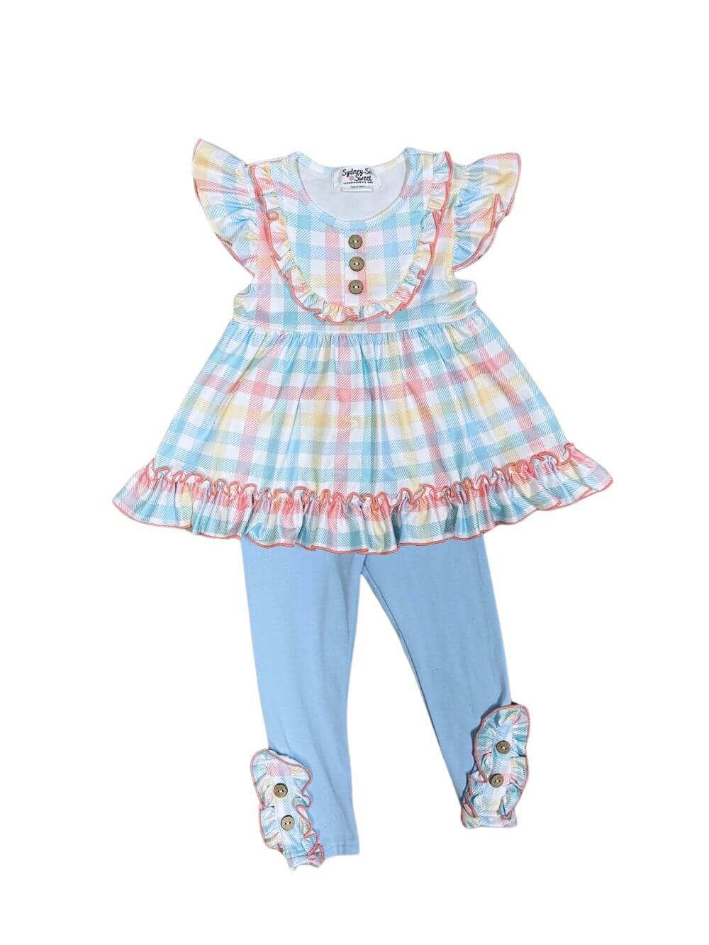 Spring Plaid Girls Short Flutter Sleeve Ruffle Top & Leggings Outfit - Sydney So Sweet