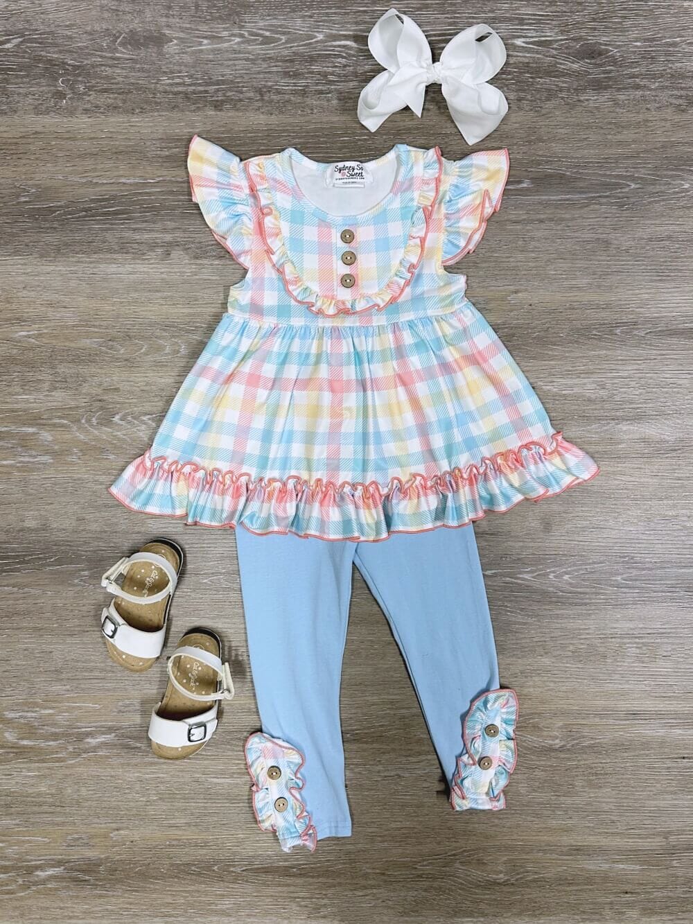 Spring Plaid Girls Short Flutter Sleeve Ruffle Top & Leggings Outfit - Sydney So Sweet