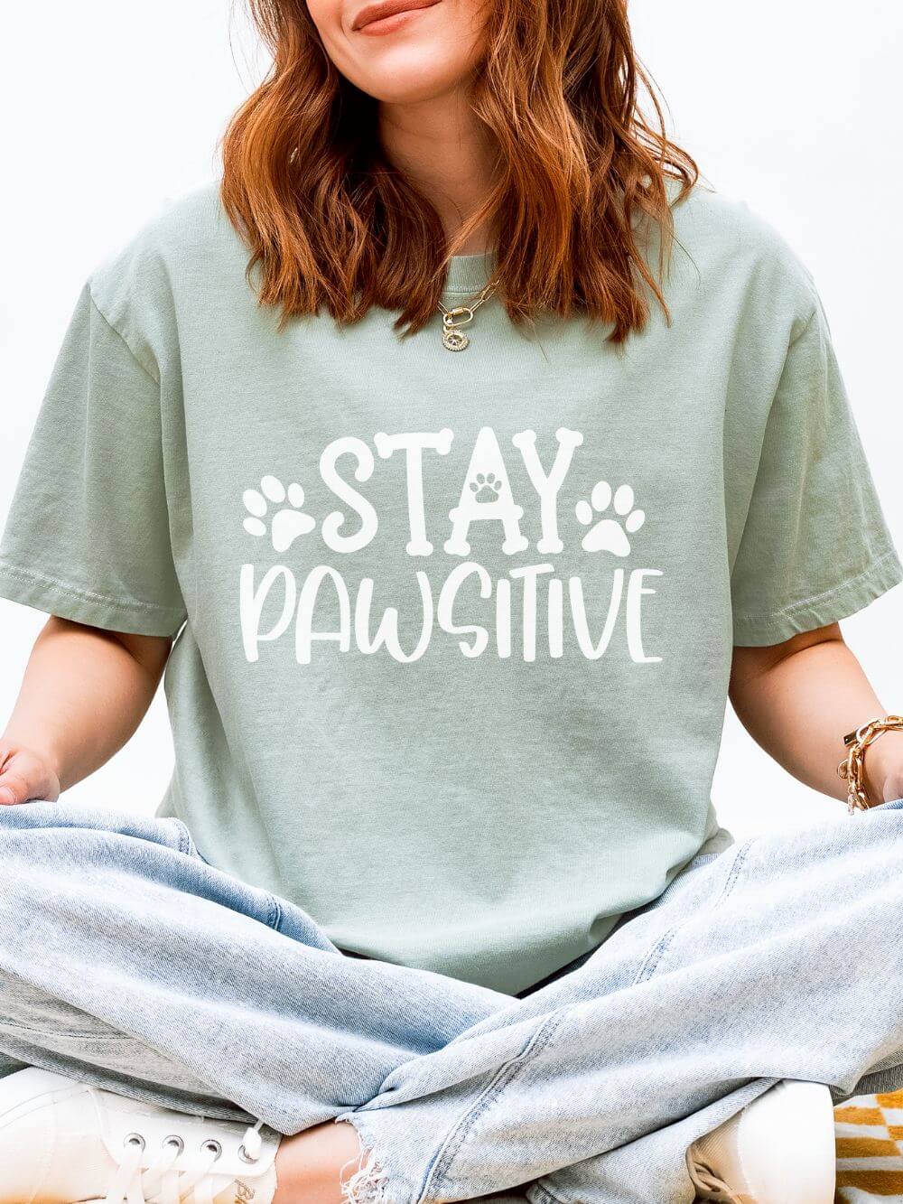 Stay Paw-sitive Paw Print T-Shirt Cute Dog Mom Graphic Tee