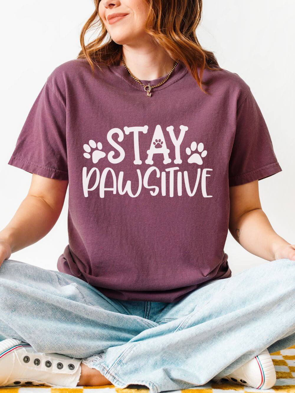 Stay Paw-sitive Paw Print T-Shirt Cute Dog Mom Graphic Tee