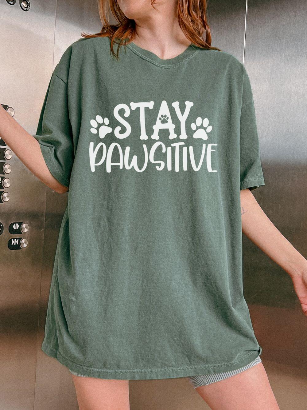 Stay Paw-sitive Paw Print T-Shirt Cute Dog Mom Graphic Tee