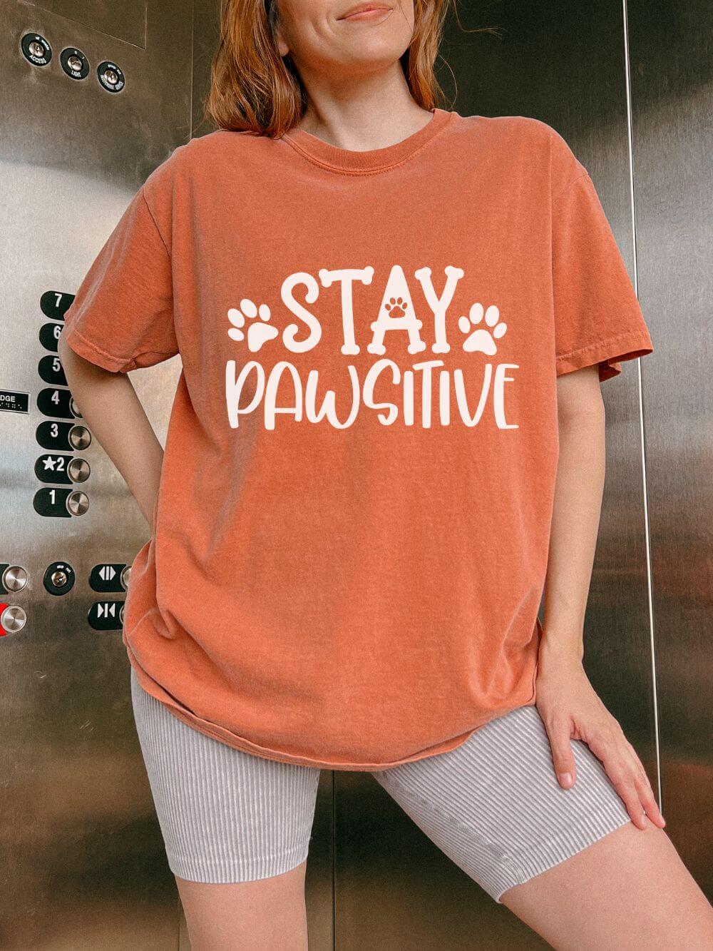 Stay Paw-sitive Paw Print T-Shirt Cute Dog Mom Graphic Tee