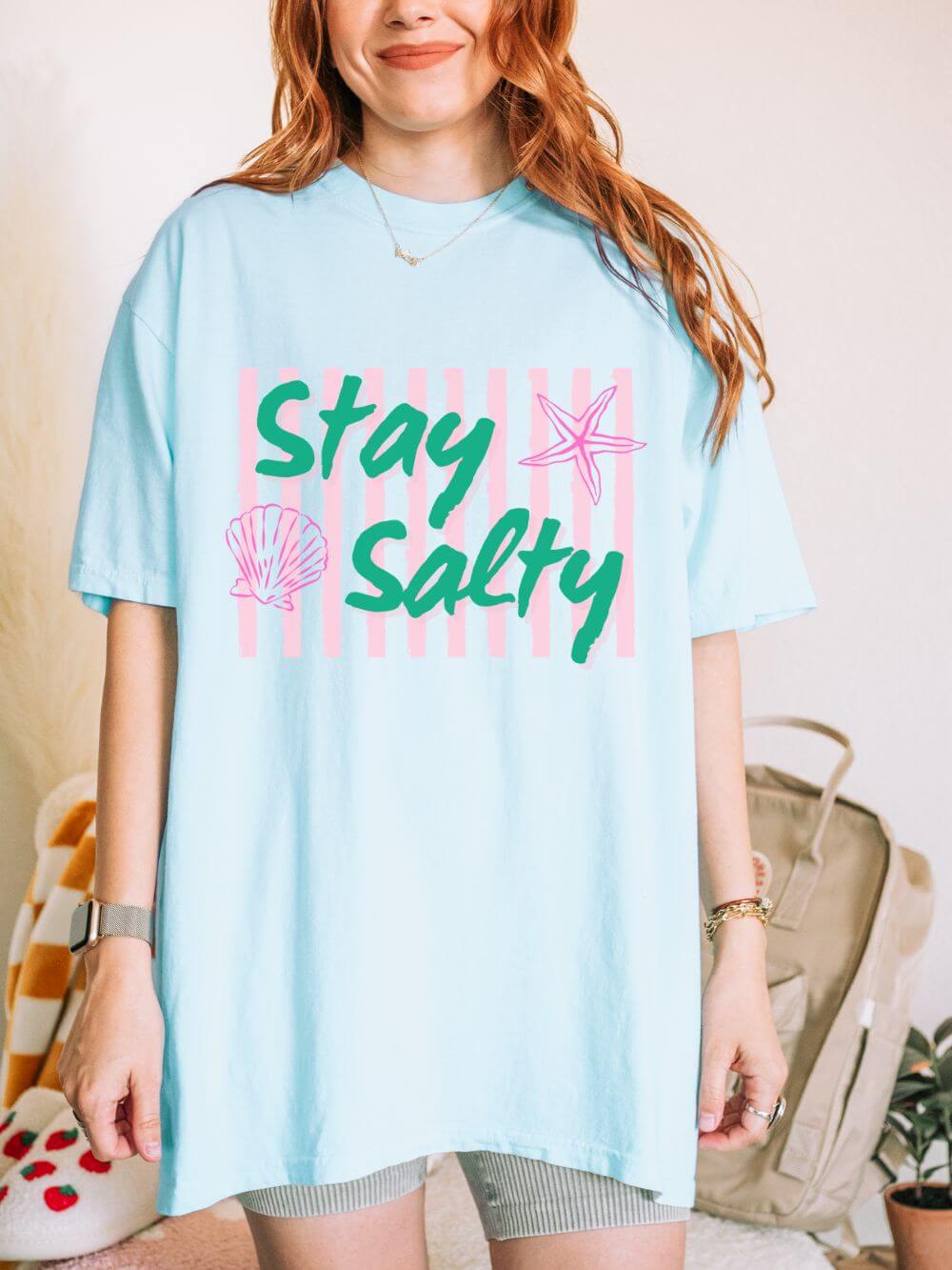 Stay Salty Graphic T-Shirt Women's Beachy Pink Stripe Tee