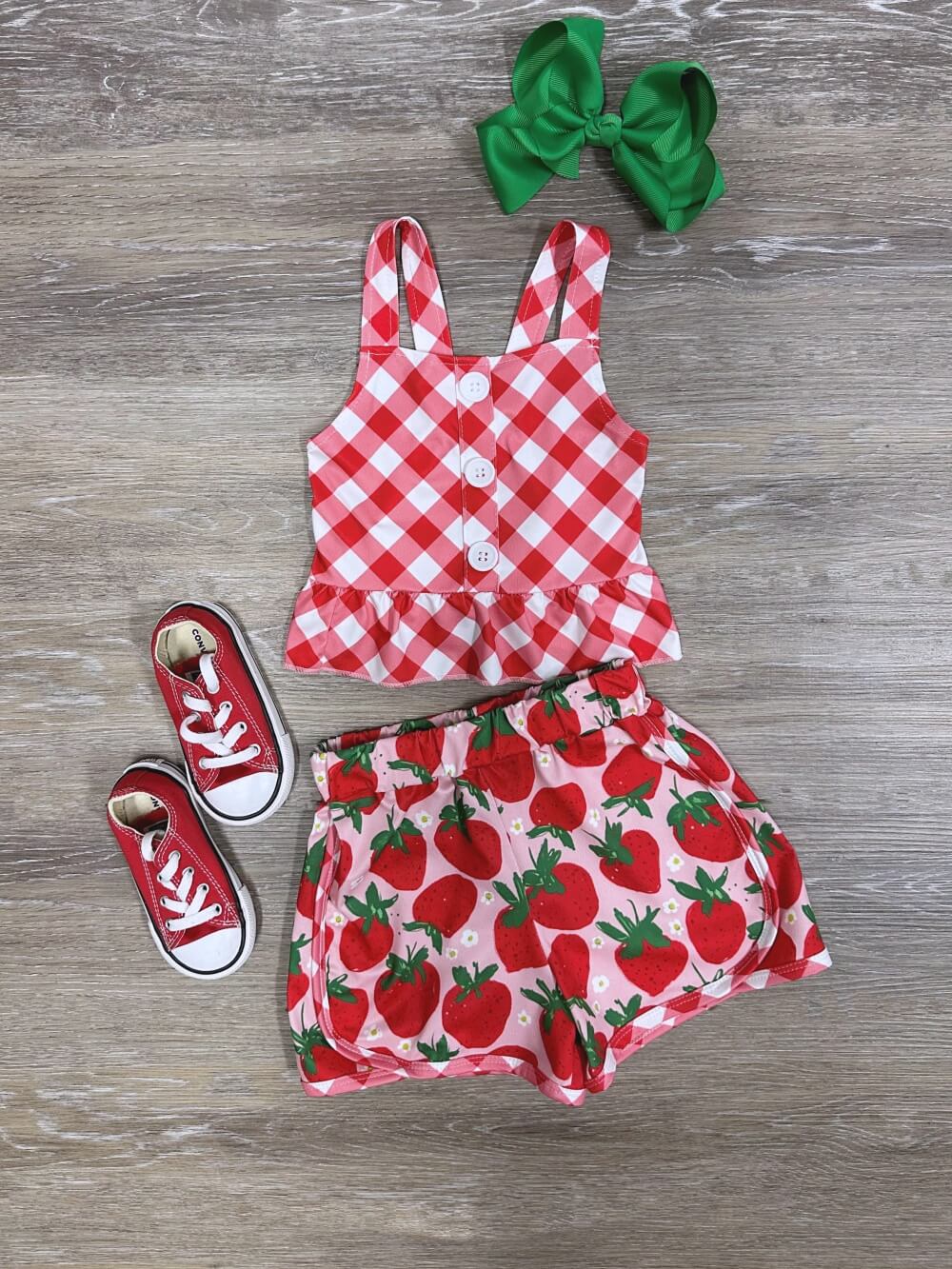 Strawberry Picnic Girls Gingham Plaid Tank & Shorts Outfit - Sydney So Sweet