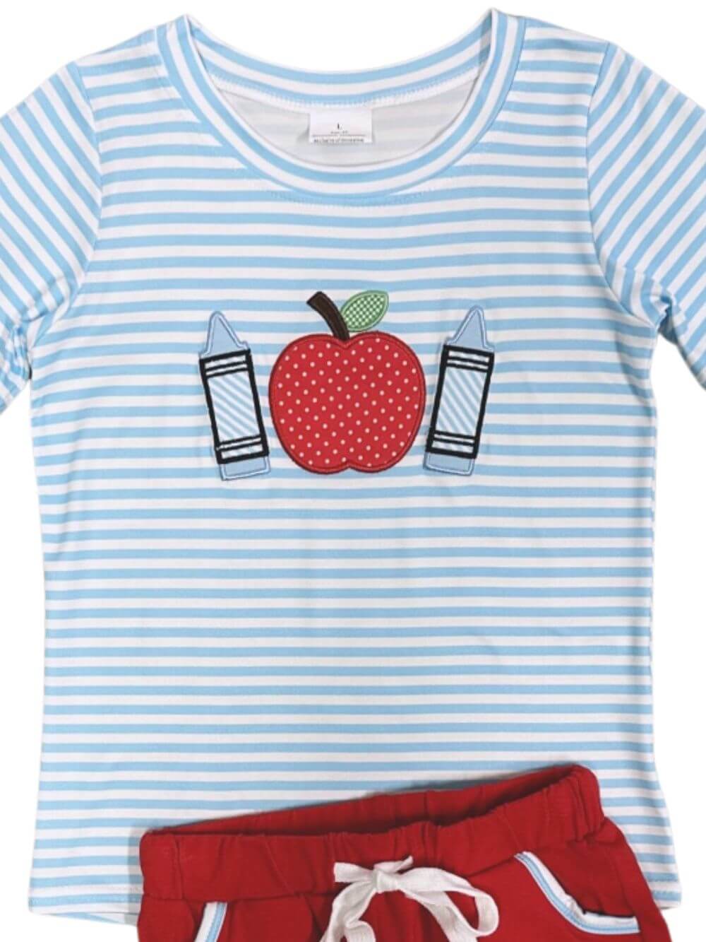 Striped Apple Shirt and Red Shorts Boys Back to School Outfit - Sydney So Sweet