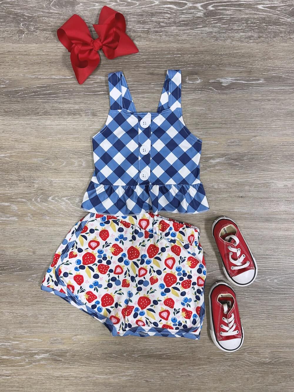 Summer Berry Patch Plaid Tank Girls Shorts Outfit - Sydney So Sweet