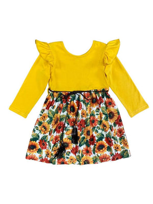 Sunflower Field Ruffle Sleeve Girls Fall Dress - Sydney So Sweet