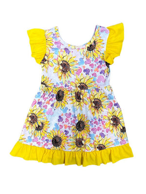 Sunflowers & Sunshine Girls Yellow Ruffle Trim Dress - Sydney So Sweet