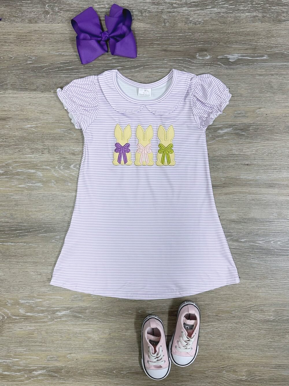 Sweet Bows & Bunnies Lavender Stripe Girls Dress