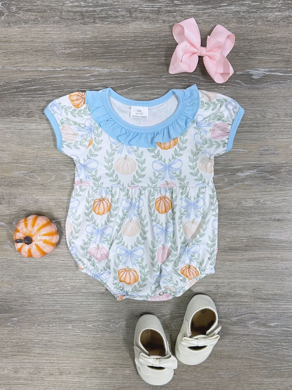 Sweet Pumpkin Blue Girls Puff Sleeve Baby Romper - Sydney So Sweet