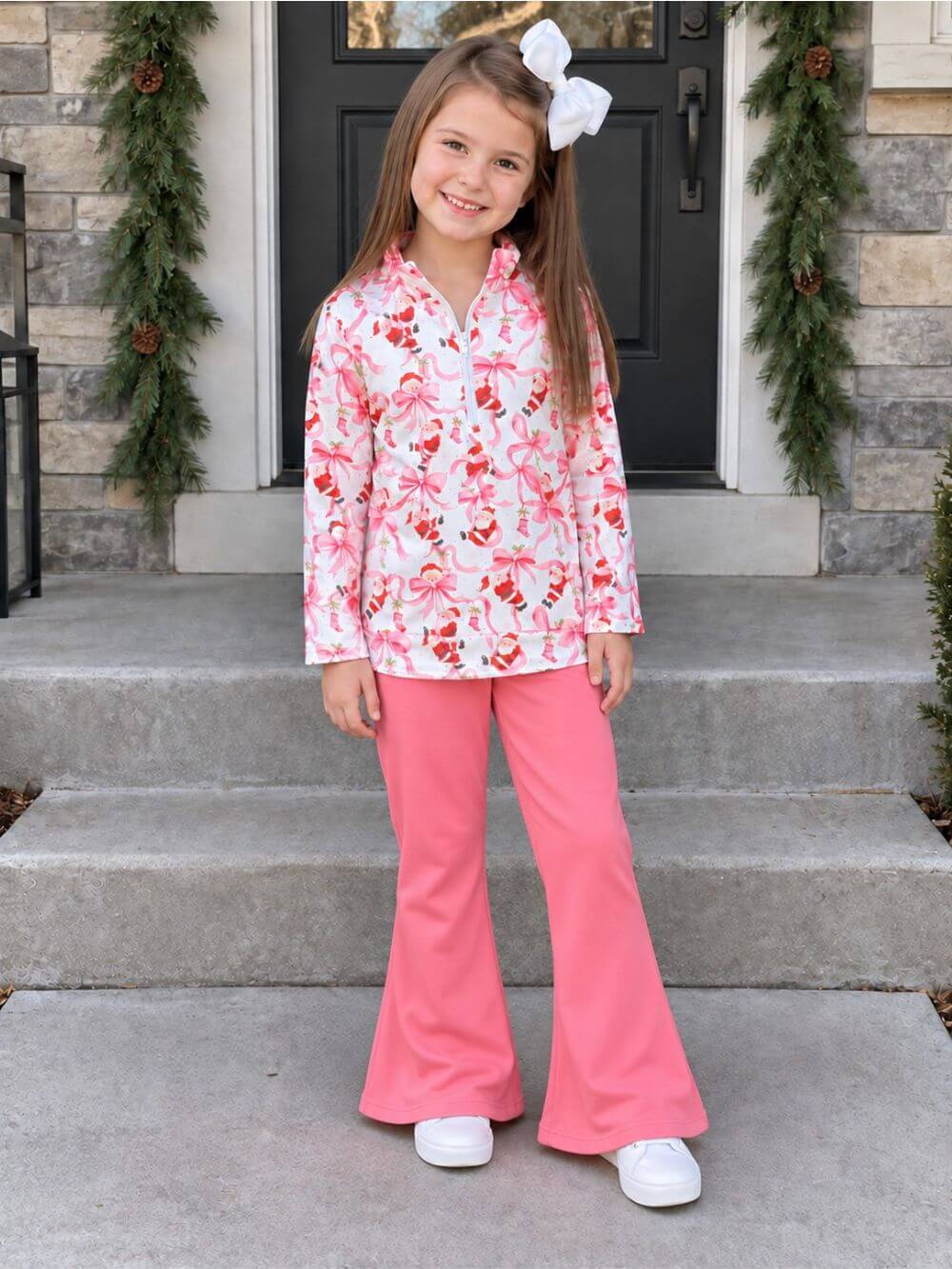Sweet Santa Coquette Bow Girls Christmas Flare Pants Outfit