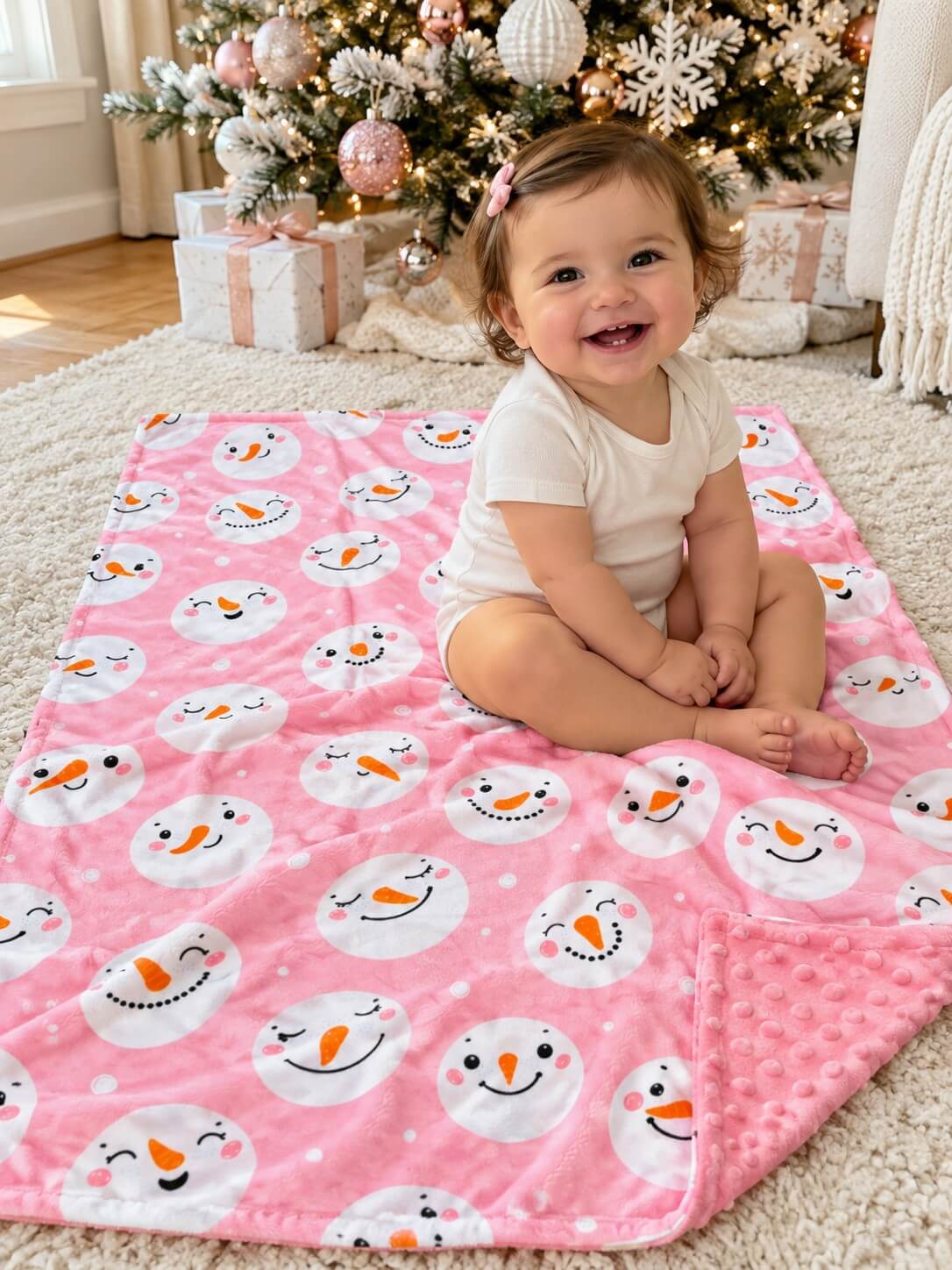 Pink snowman baby blanket with pink minky dot backing spread out beneath a seated baby