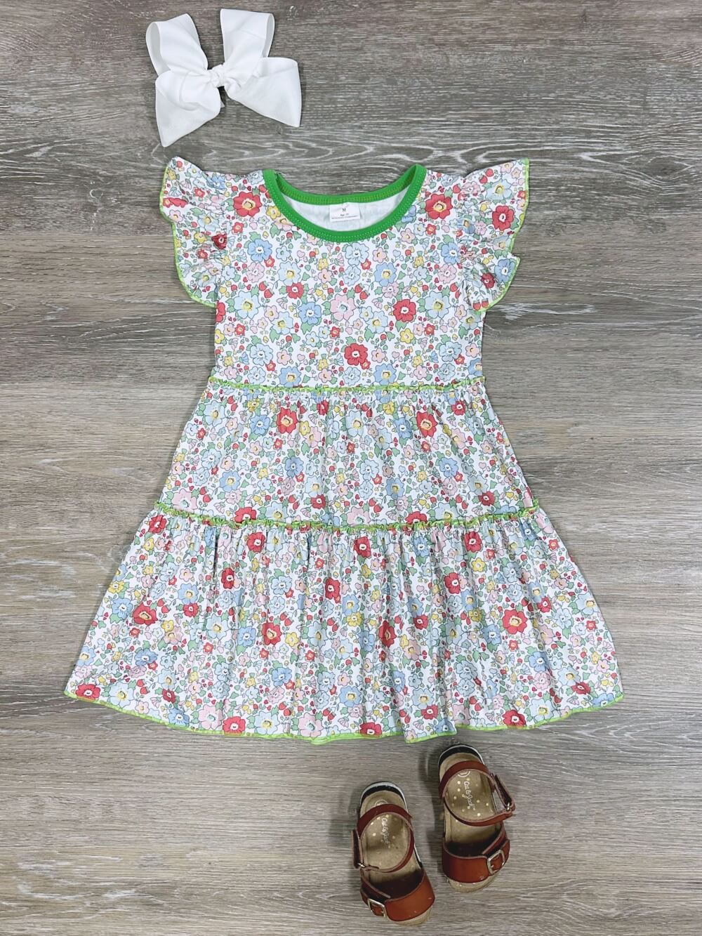 Sweet Spring Petals Flutter Sleeve Tiered Girls Dress