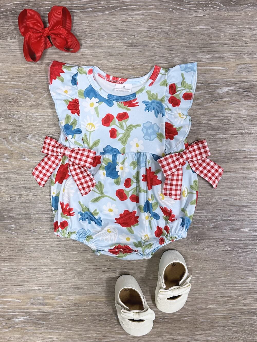 Sweet Summer Blooms Girls Gingham Bow Baby Romper - Sydney So Sweet