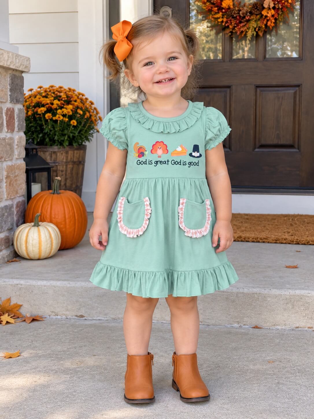 Sweet Thanksgiving Sage Girls Ruffle Dress