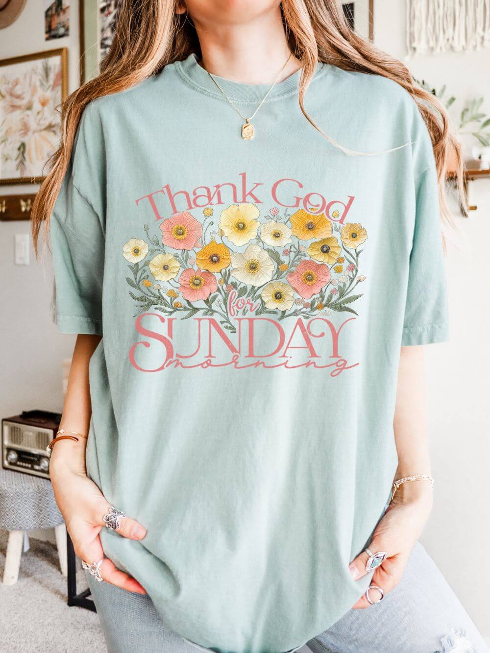 Thank God for Sunday Morning Christian Church Floral T‑Shirt Unisex Distressed Tee