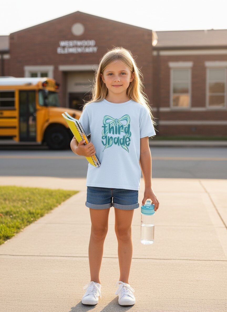 Third Grade Kids Tee Cute Blue Coquette Bow Back to School 3rd Grade T-Shirt