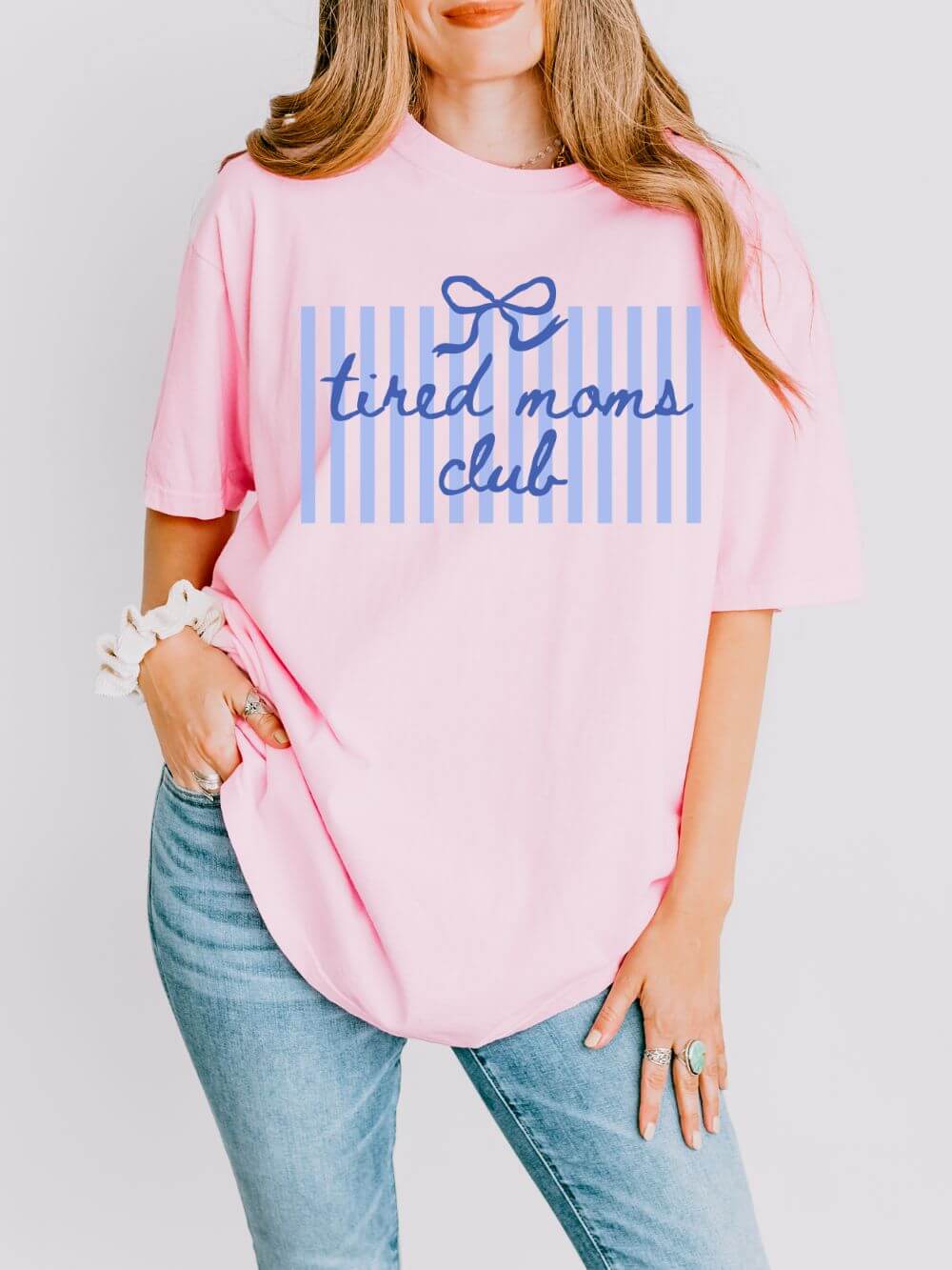 Tired Moms Club Graphic T-Shirt Cute Striped Tee for Busy Moms