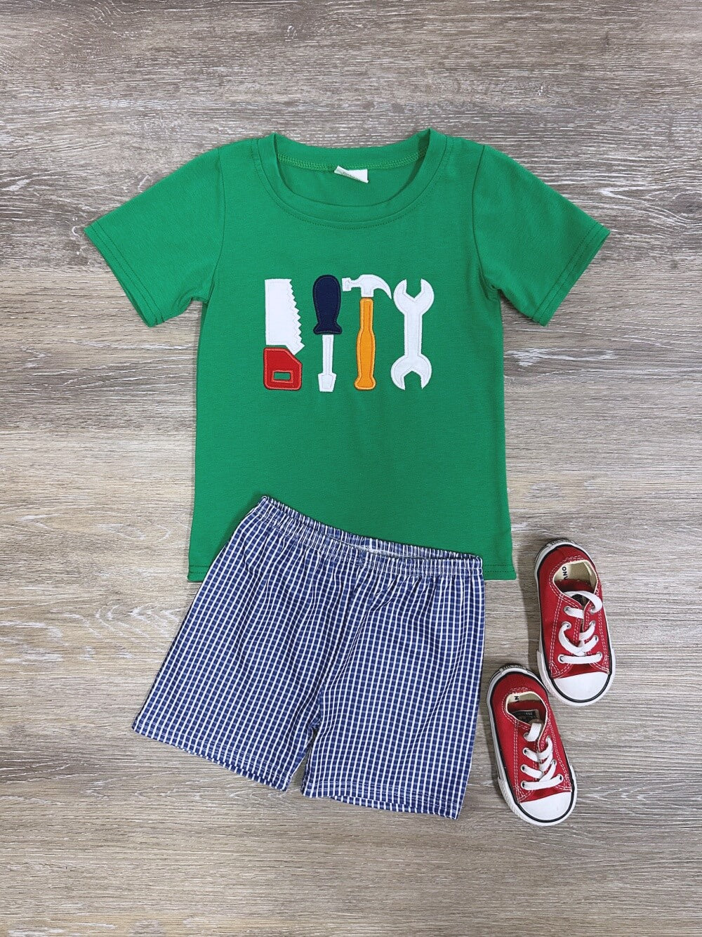 Tool Shirt and Blue Gingham Plaid Shorts Boys Shorts Outfit - Sydney So Sweet