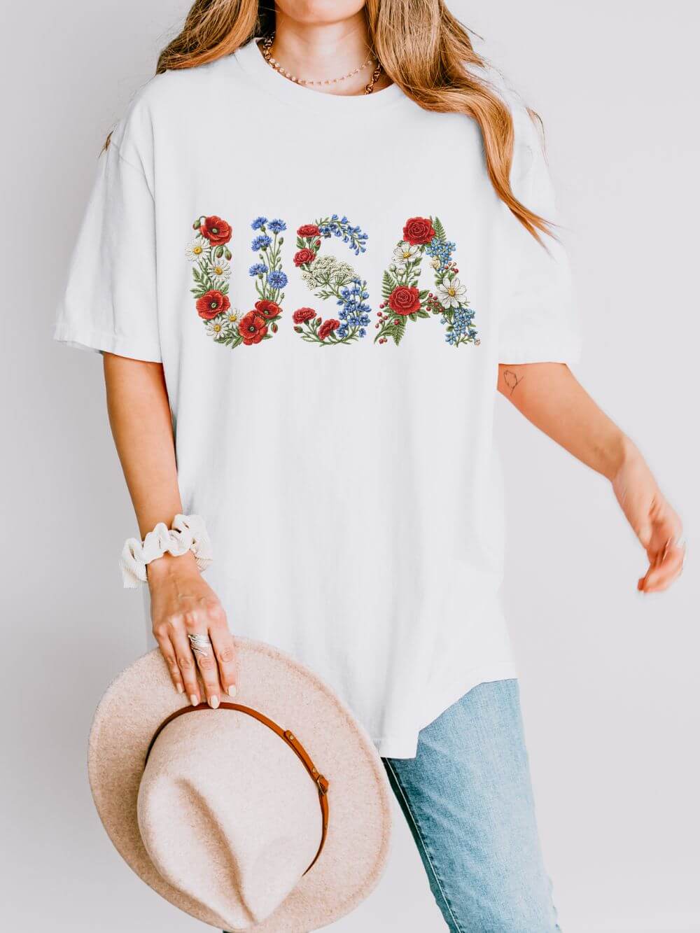 USA Floral Letters T-Shirt Botanical Lettering Patriotic Graphic Tee
