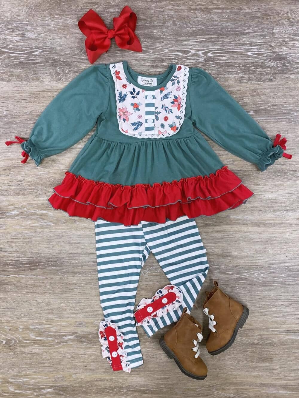 Vintage Green Floral & Stripe Ruffle Girls Outfit - Sydney So Sweet
