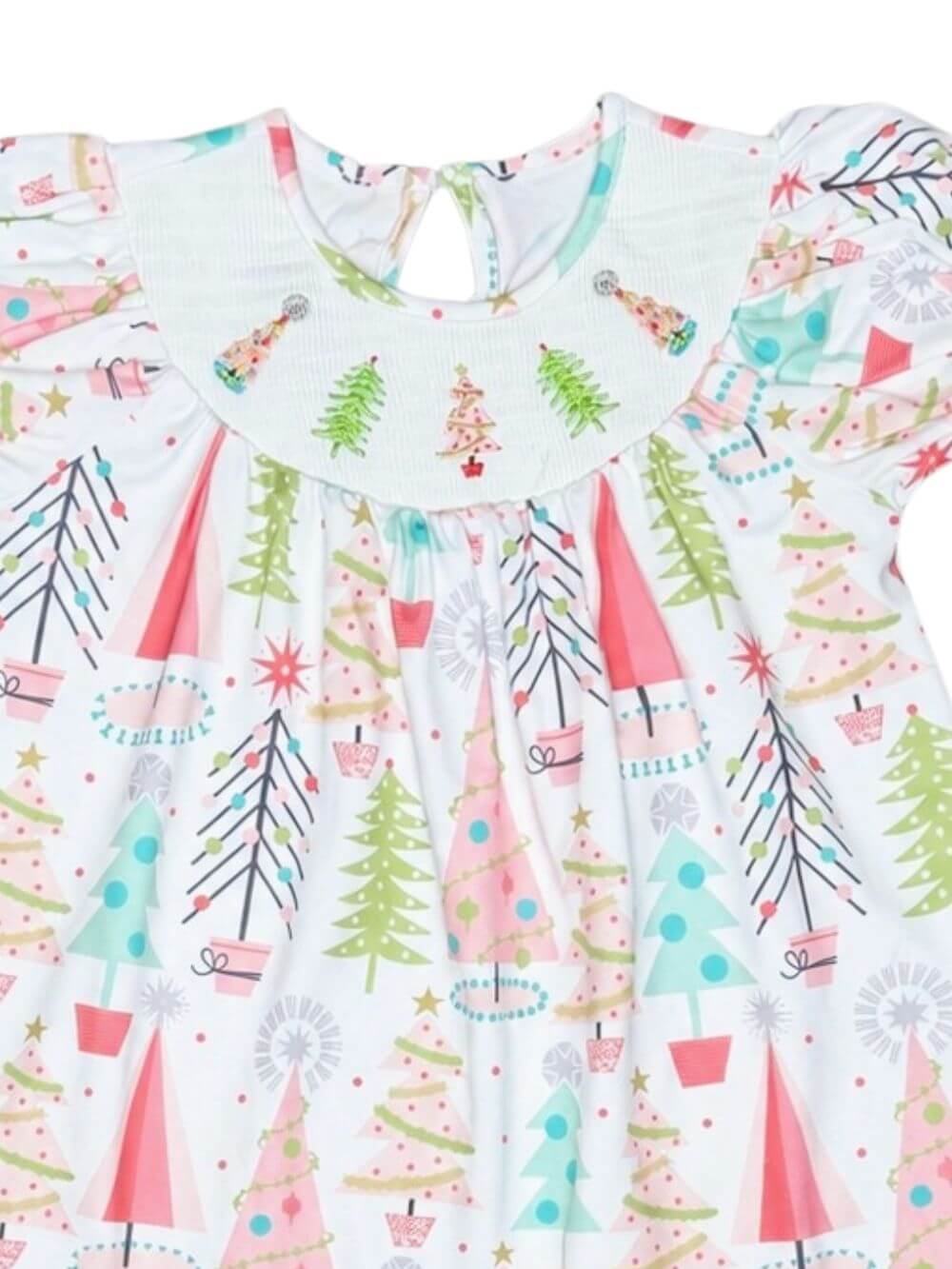Vintage Holiday Trees Girls Puff Sleeve Christmas Dress