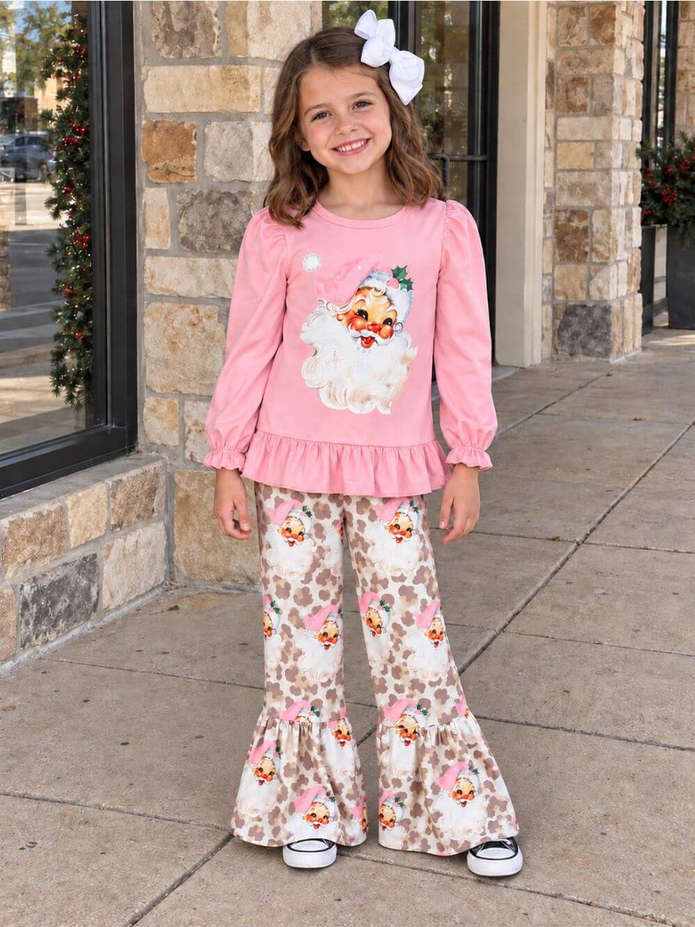 Vintage Pink Santa Leopard Girls Christmas Bell Bottoms Outfit