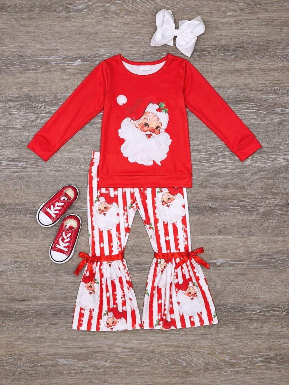 Vintage Santa Stripe Girls Christmas Bell Bottoms Outfit
