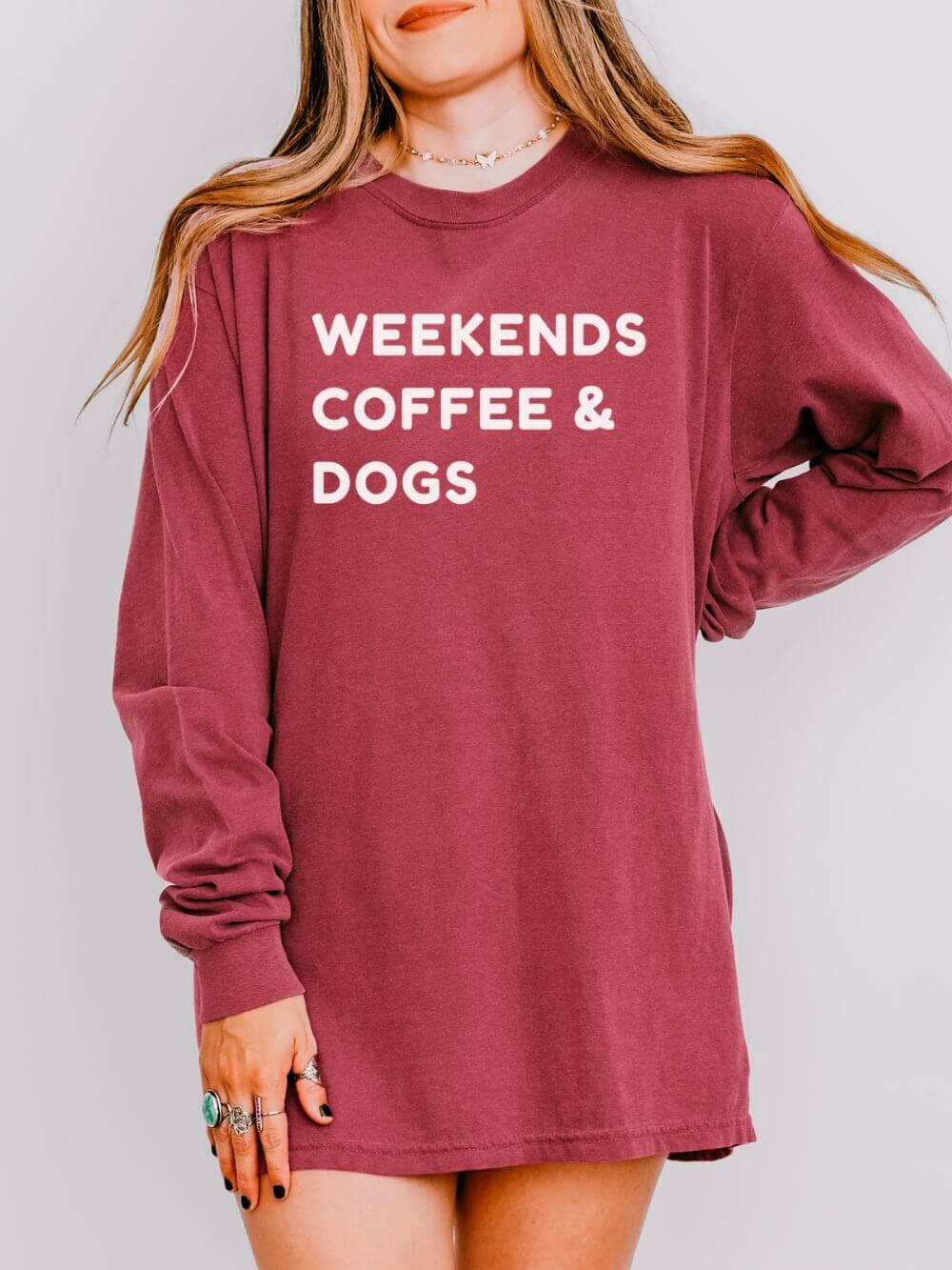 Weekends Coffee & Dogs Comfort Colors Long Sleeve Unisex Graphic T-Shirt - Sydney So Sweet