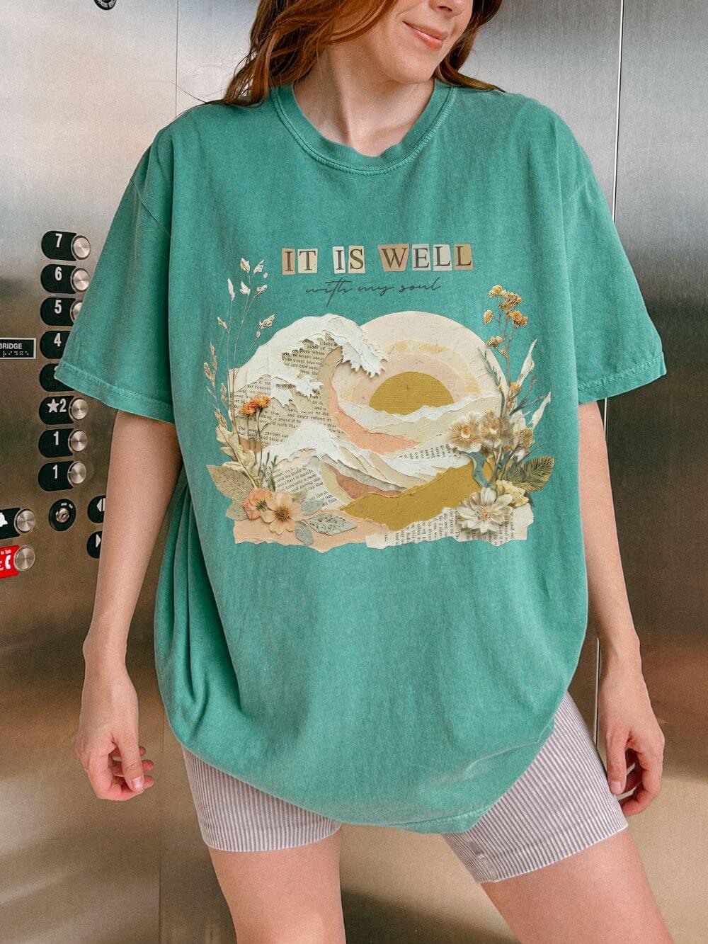 It Is Well with my Soul Christian Graphic Tee Floral Sunset T-Shirt