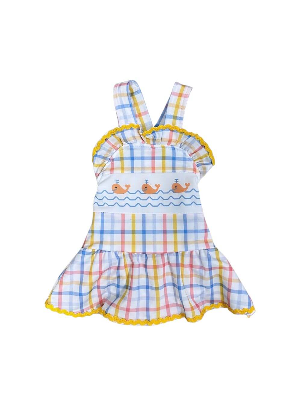 Whale Watching Baby Girls Yellow & Blue Plaid Skirted Swimsuit - Sydney So Sweet
