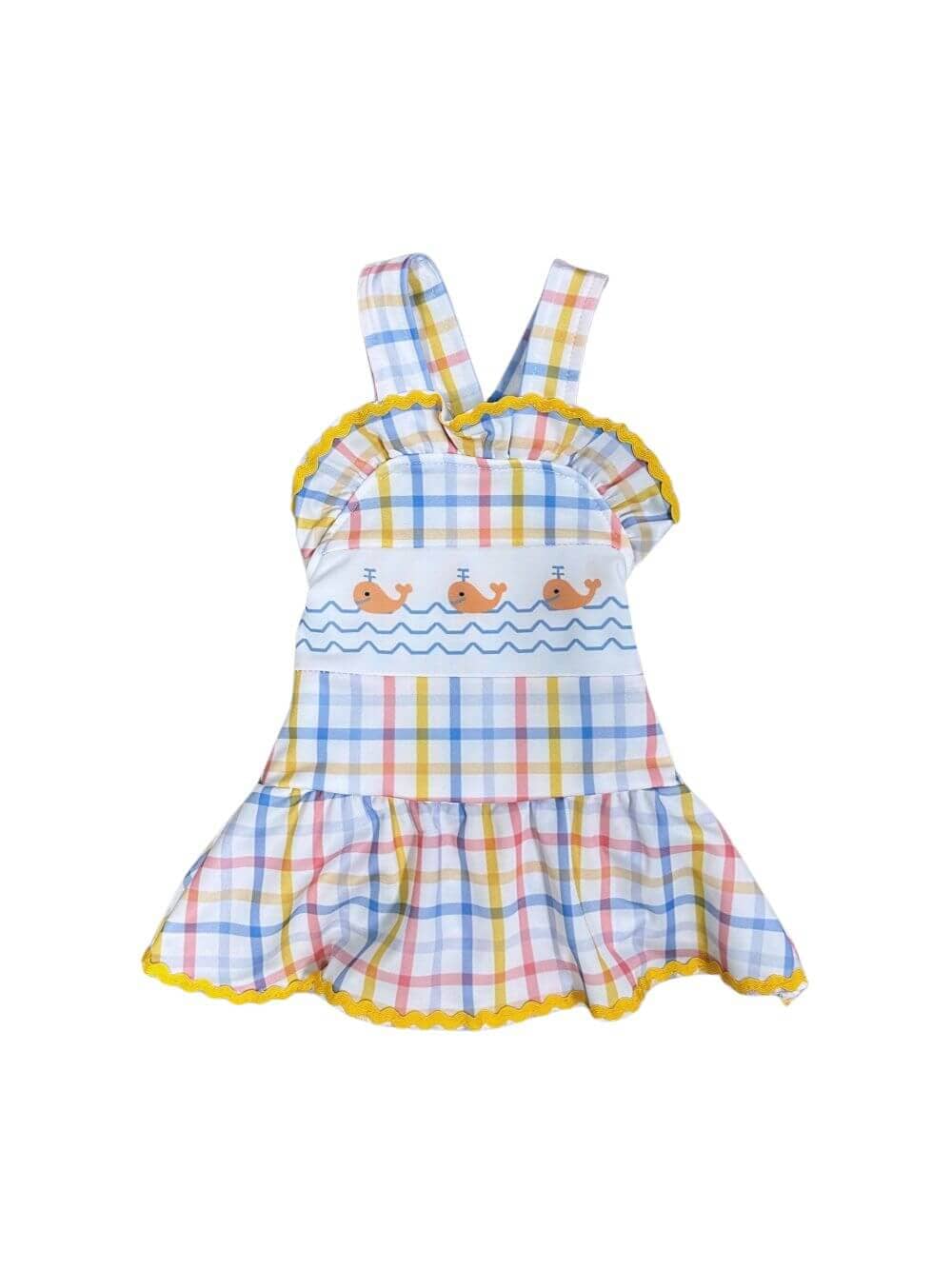 Whale Watching Baby Girls Yellow & Blue Plaid Skirted Swimsuit - Sydney So Sweet