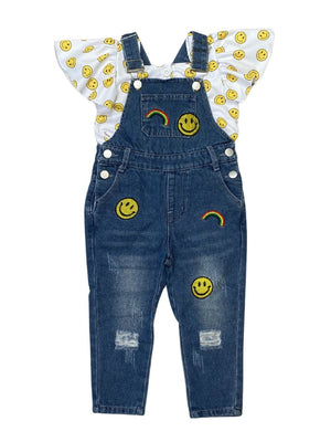Don't Worry Be Happy Smiley Face Patch Denim Overalls Girls Outfit - Sydney So Sweet