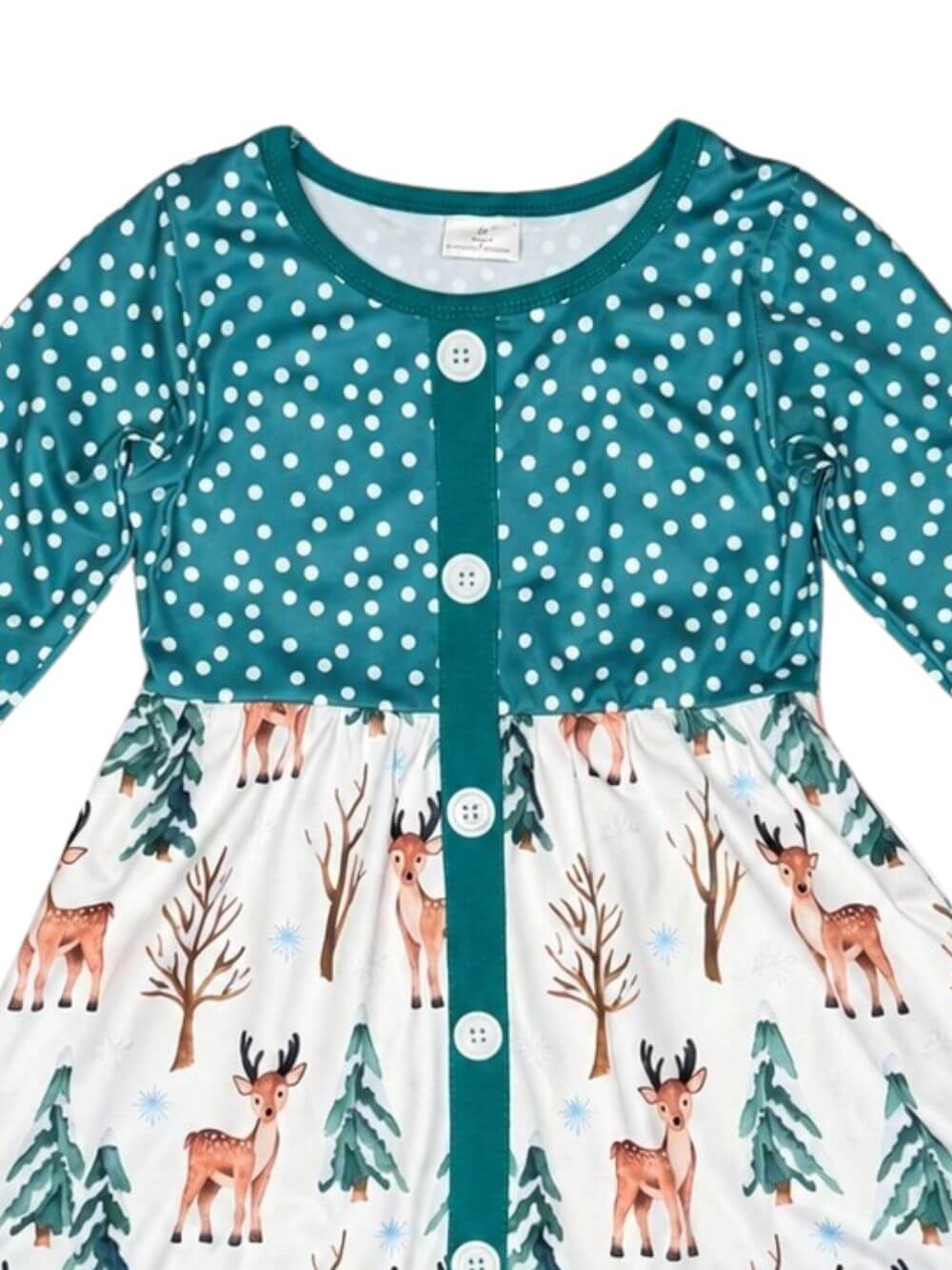 Girls winter deer dress with green polka dot bodice and ruffle hem showing neckline and print details