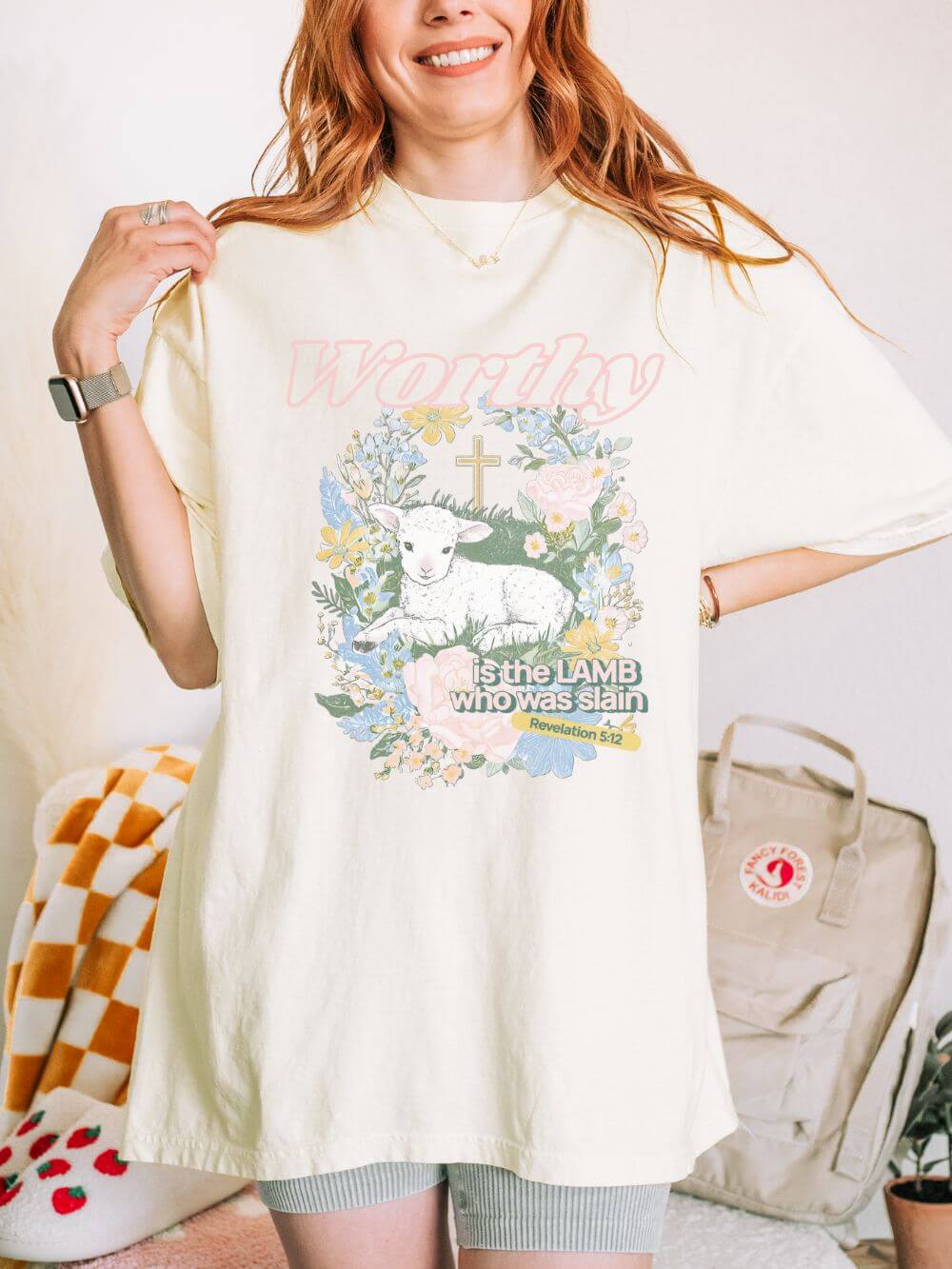 Worthy is the Lamb Who Was Slain Floral Easter Graphic Distressed T-Shirt Christian Tee